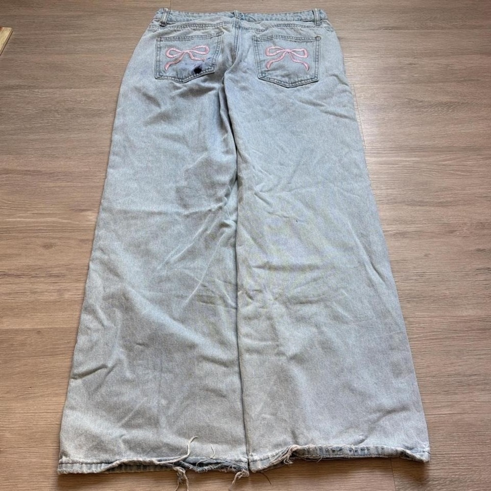 2000s Y2K Edikted Distressed Blue Baggy Wide Leg Jeans Grunge Fit